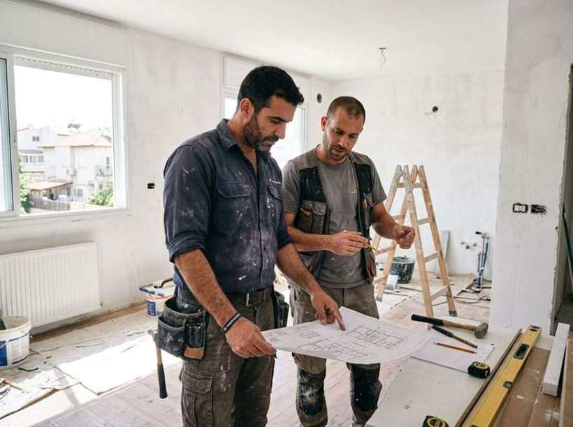 קבלני השיפוצים עוברים על תוכנית עבודה